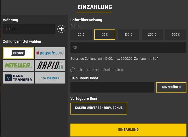 casino universe zahlungsmethoden