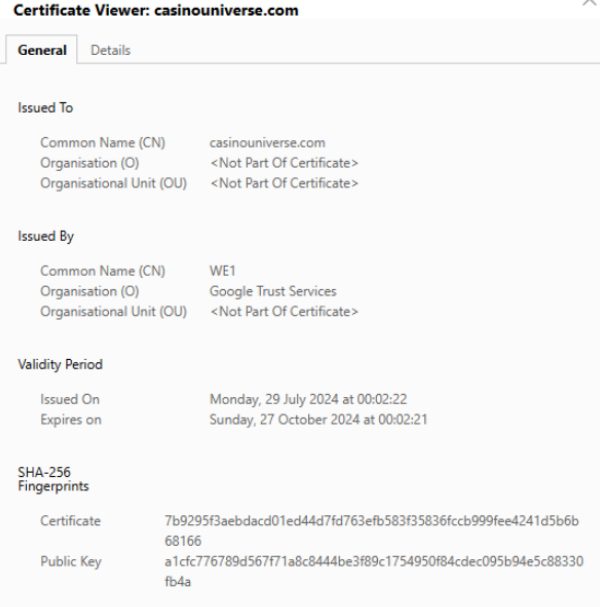 Casino Universe SSL-Verschlüsselung