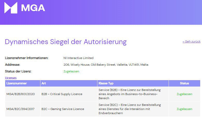MGA Lizenzeintrag für N1 Interactive