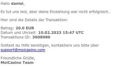 Moi Casino fehlgeschlagene Einzahlung