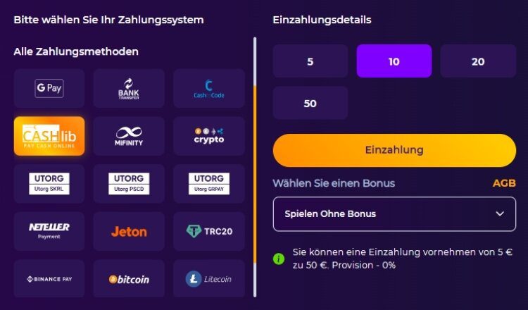 Einzahlung im Cashlib Casino