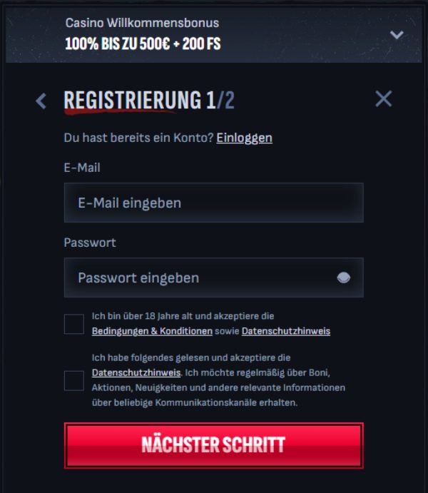 Mafia Casino 2-Schritte-Registrierung