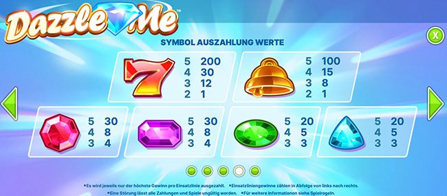 Dazzle Me Gewinntabelle
