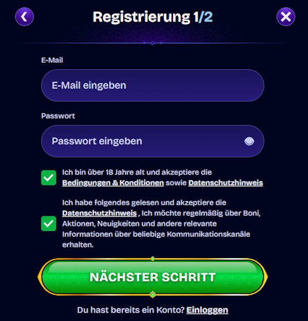 WishWin Casino Anmeldeformular