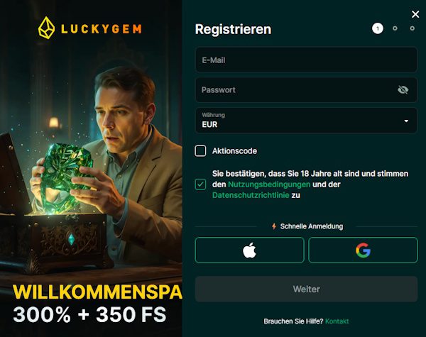 Luckygem Anmeldeformular