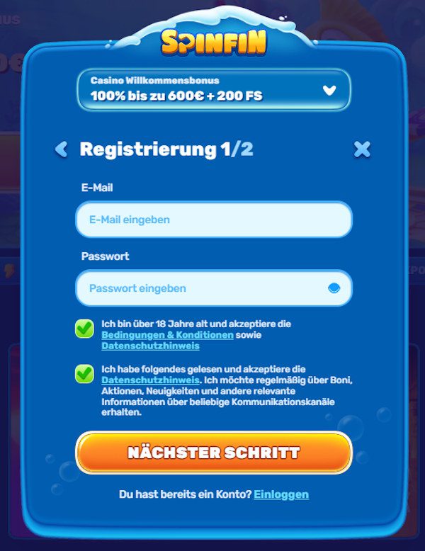 Spinfin Anmeldeformular