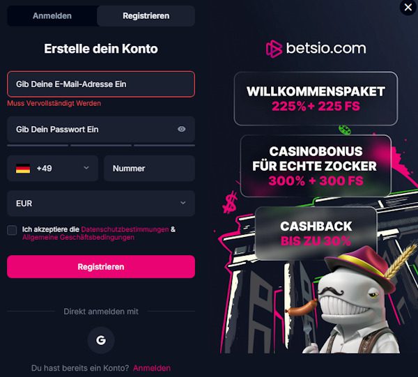 Betsio Anmeldeformular